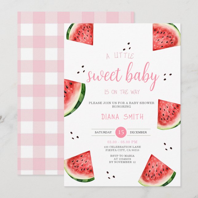 Watermelon A little Sweet Pink Gingham Baby Shower Invitation (Front/Back)