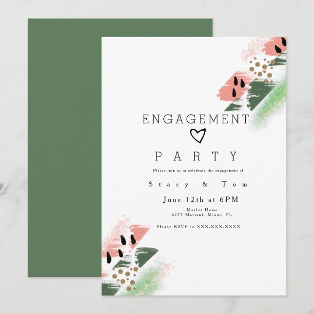Watermelon Abstract Organic Brush Engagement Party Invitation (Front/Back)