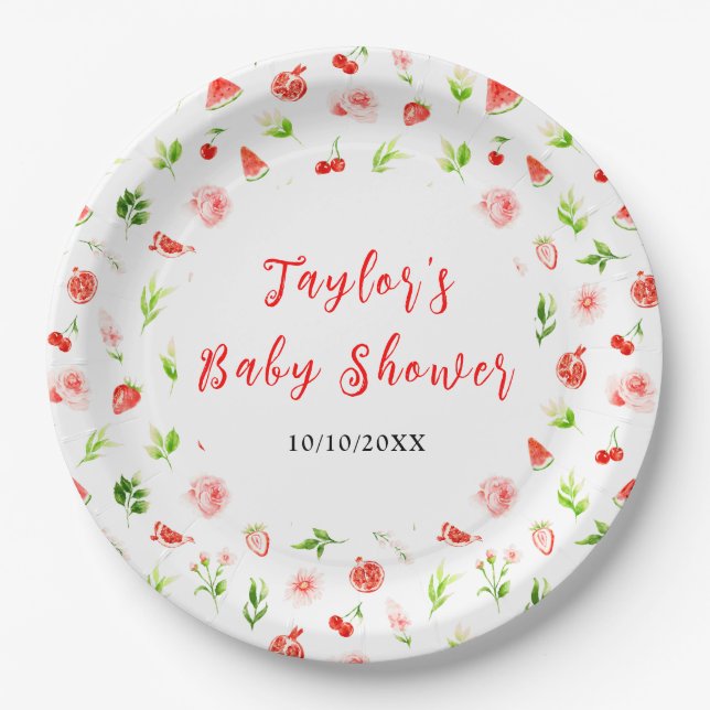 Watermelon and Pomegranate Baby Shower Paper Plate (Front)