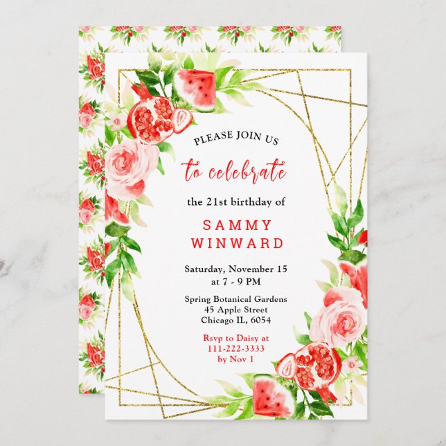 Watermelon and Pomegranate Birthday Invitation (Front/Back)