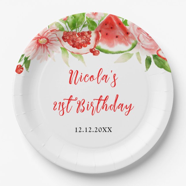 Watermelon and Pomegranate Birthday Paper Plate (Front)