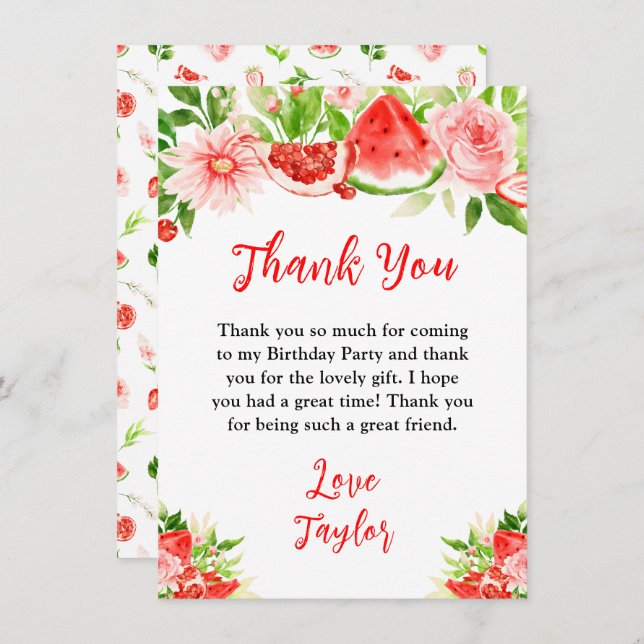 Watermelon and Pomegranate Birthday Party Thank You Card (Front/Back)