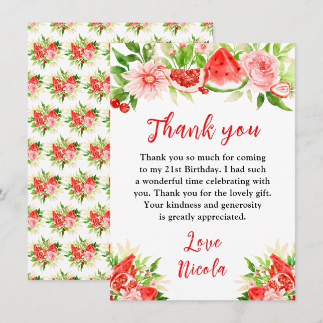 Watermelon and Pomegranate Birthday Thank You Card (Front/Back)