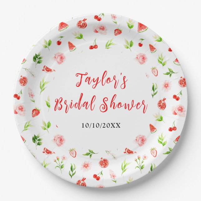 Watermelon and Pomegranate Bridal Shower Paper Plate (Front)