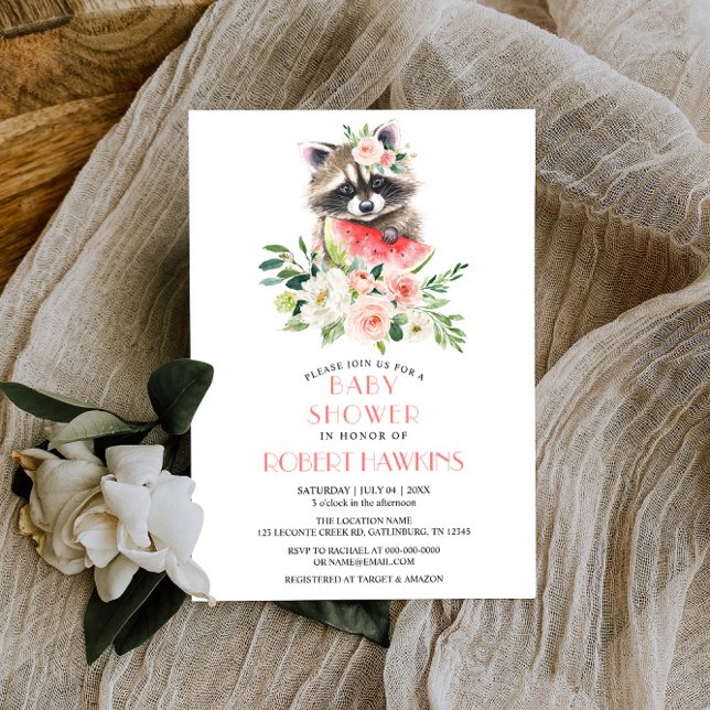 Watermelon and Racoon Greenery Floral Baby Shower Invitation (Creator Uploaded)