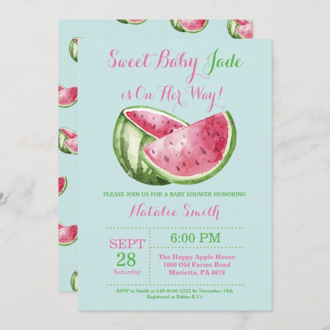 Watermelon Baby Shower Aqua Teal Turquoise Invitation (Front/Back)