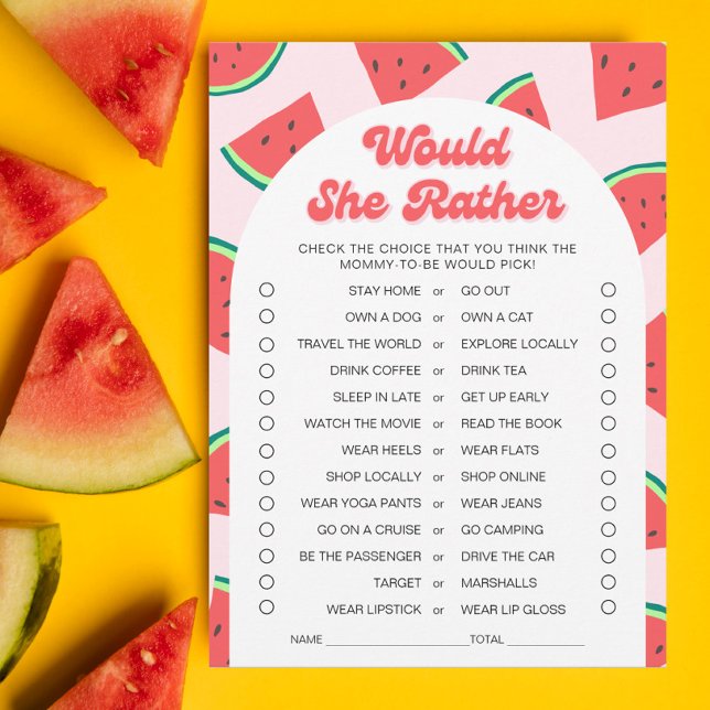 Watermelon Baby Shower Would She Rather Game Card (Creator Uploaded)