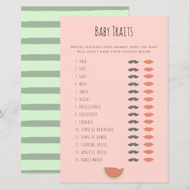 Watermelon Baby Traits Shower Game Advice Cards (Front/Back)