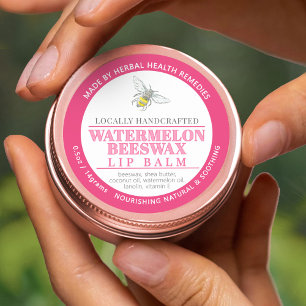 Watermelon beeswax lip balm pink tin label