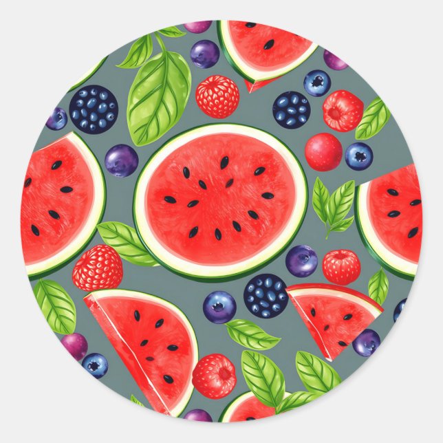 Watermelon Berry Summer Pattern Classic Round Sticker (Front)