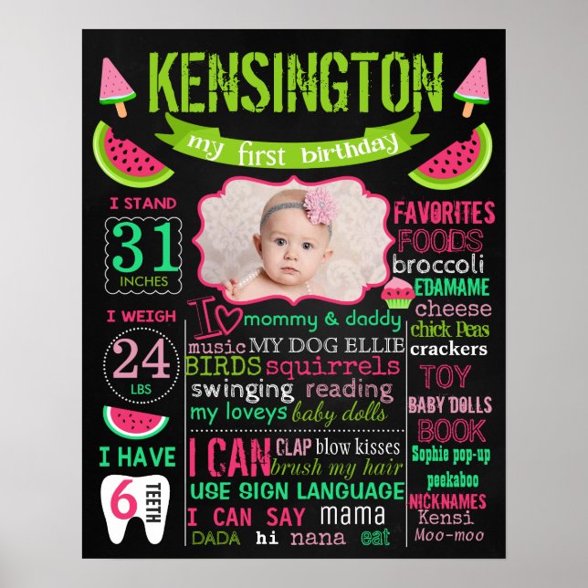 Watermelon birthday chalkboard sign poster (Front)