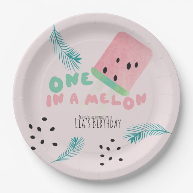 Watermelon Birthday Girl / One in a Melon Pink Paper Plate (Front)