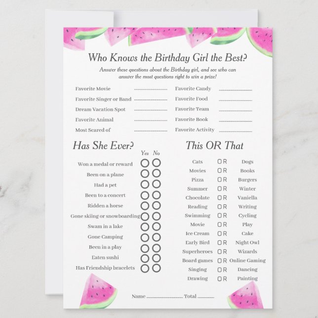 Watermelon Birthday girl Trivia Trio Game card (Front)