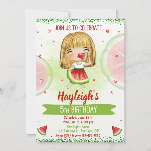 Watermelon birthday invitation Girl sweet party (Front)