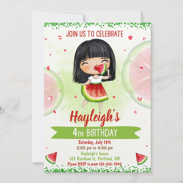 Watermelon birthday invitation One in a melon 1st (Front)