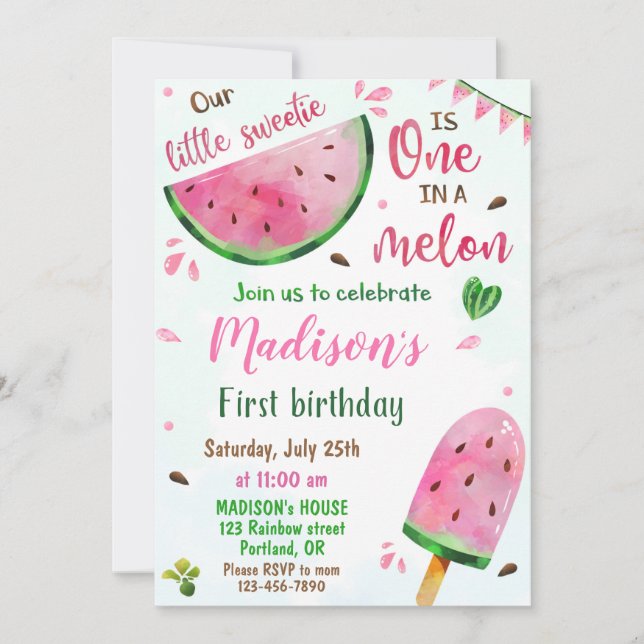 Watermelon birthday invitation One in a melon girl (Front)
