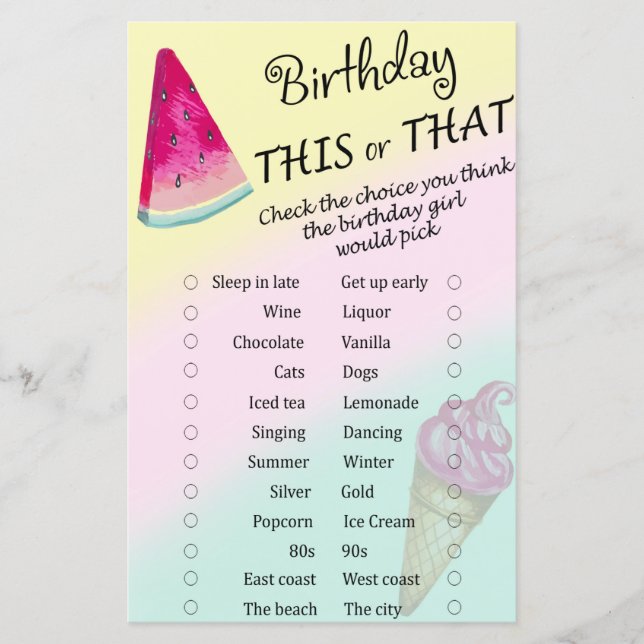 Watermelon Birthday this or that game (Front)