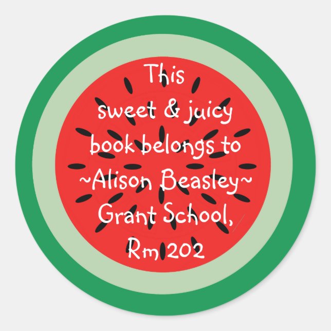 Watermelon Cartoon Art Schoolbook Book Belongs To Classic Round Sticker (Front)