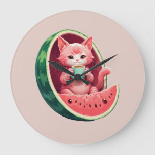 Watermelon Cat Coffee Break Large Clock