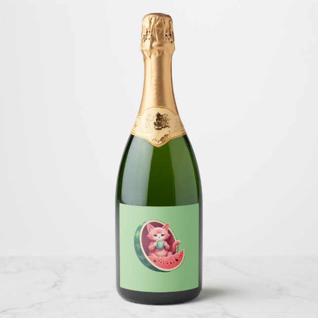 Watermelon Cat Coffee Break Sparkling Wine Label (Front)