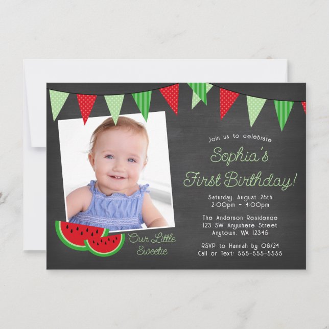 Watermelon Chalkboard Photo Birthday Invitation (Front)