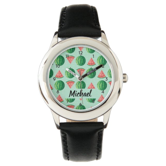 Watermelon Custom Name Stylish Trendy Kids Black   Watch (Front)