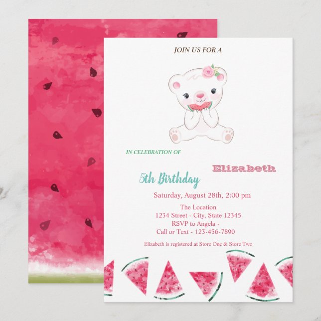 Watermelon,Cute Teddy Bear Summer Party Birthday  Invitation (Front/Back)