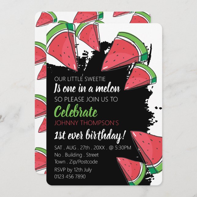 Watermelon Design, One in a Melon, 1st Birthday Invitation (Front/Back)