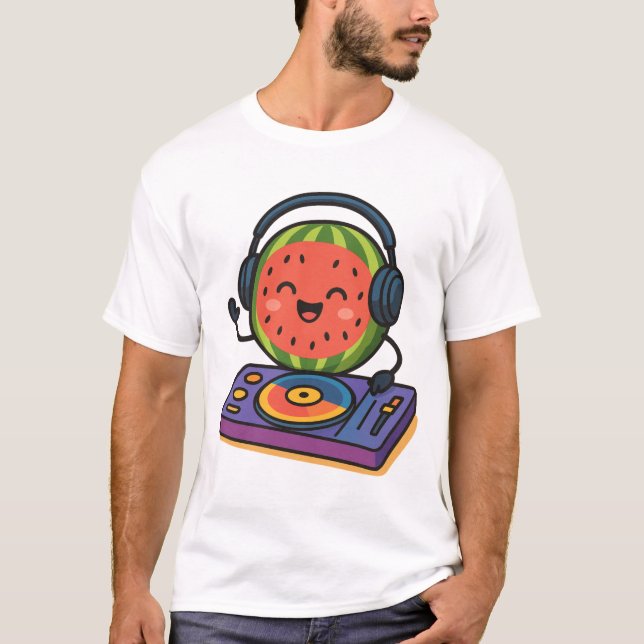 Watermelon DJ Funky Party Fruit Art T-Shirt (Front)