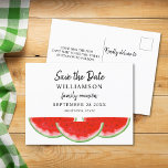 Watermelon Family Reunion Save The Date Announcement Postcard<br><div class="desc">Let your family know the date of their Family Reunion with this summer save the date postcard. 
It features a red watercolor watermelon. 
Easily customisable with your name and details. 
Because we create our artwork you won't find this exact image from other designers. 
Original Watercolor © Michele Davies.</div>