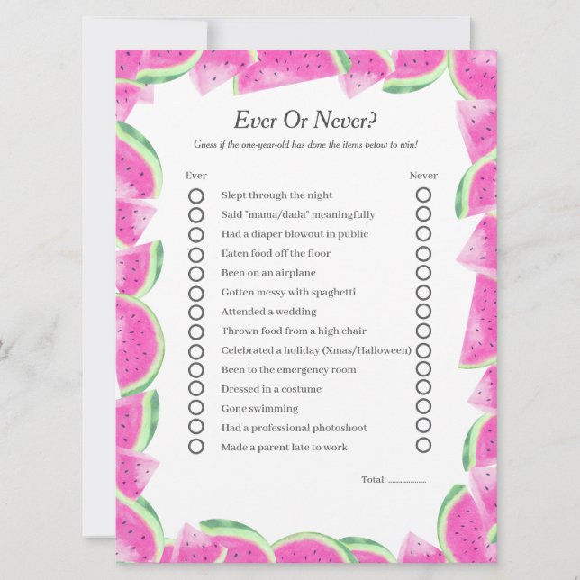 Watermelon First Birthday Ever or Never game card (Front)
