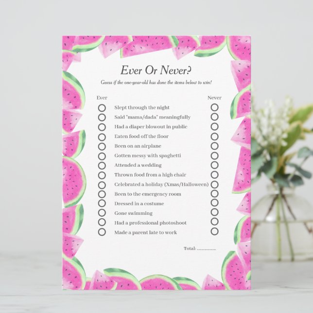 Watermelon First Birthday Ever or Never game card (Standing Front)