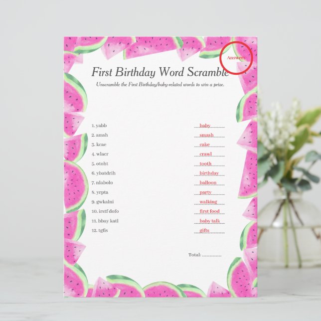 Watermelon First Birthday Word Scramble Answer Key Holiday Card (Standing Front)