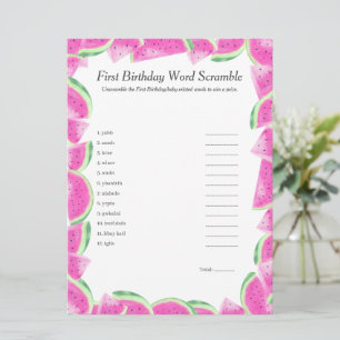 Watermelon First Birthday Word Scramble Game card
