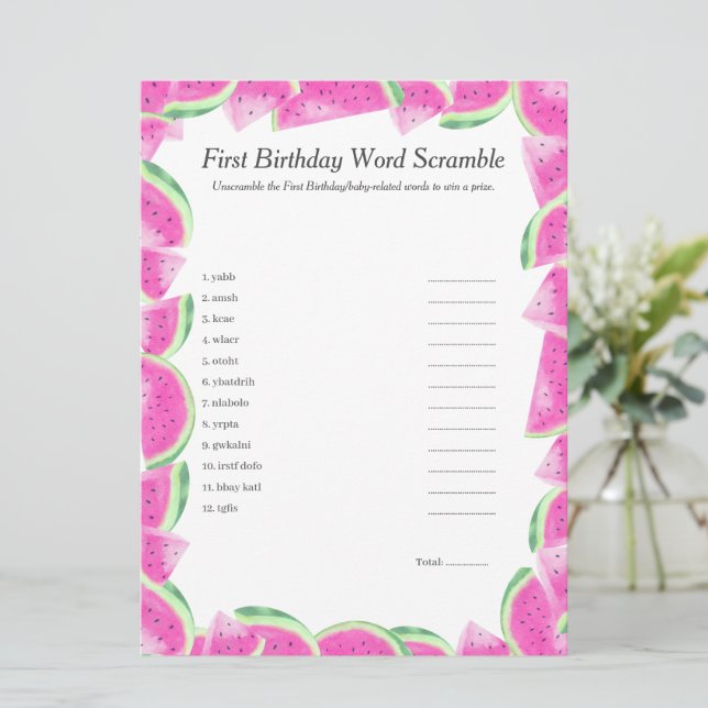 Watermelon First Birthday Word Scramble Game card (Standing Front)