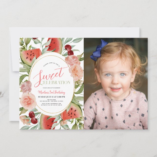 Watermelon Floral Sweet Girl Birthday Photo Invitation (Front)