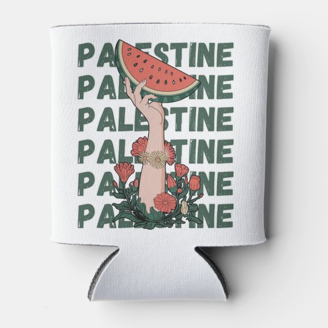 watermelon, flowers, and  palestine text Repeat  Can Cooler (Front)