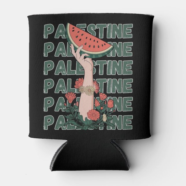 watermelon, flowers, and  palestine text Repeat  Can Cooler (Front)