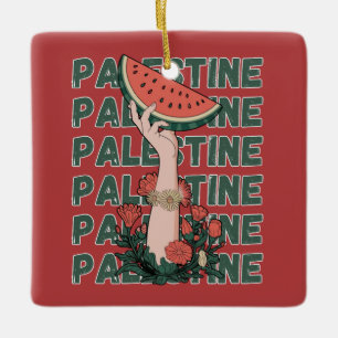 watermelon, flowers, and  palestine text Repeat  Ceramic Ornament