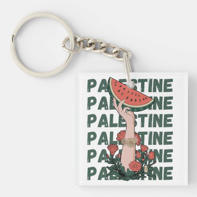 watermelon, flowers, and  palestine text Repeat  Key Ring (Front)