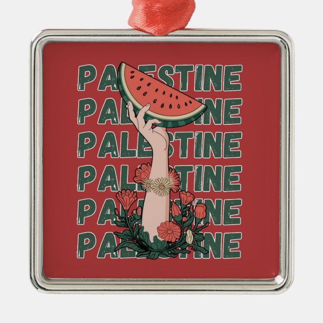 watermelon, flowers, and  palestine text Repeat  Metal Tree Decoration (Front)