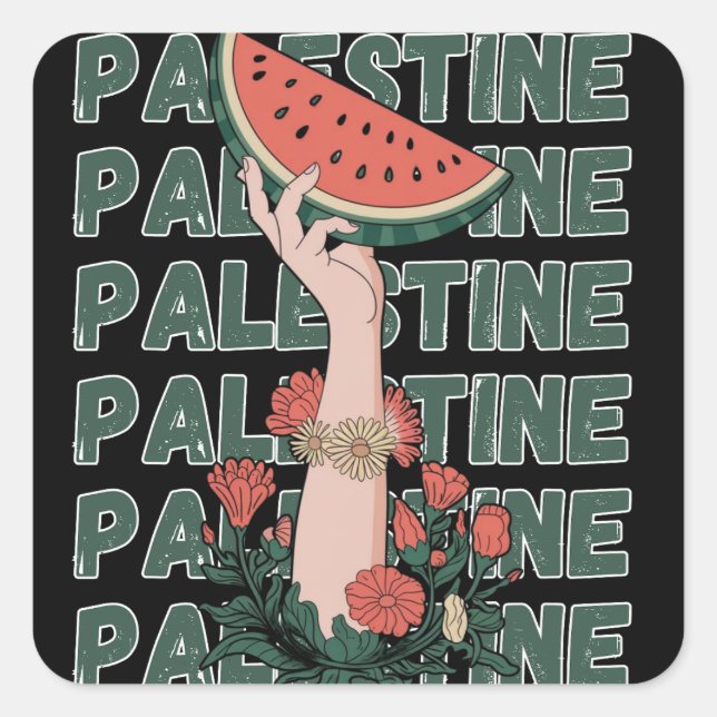 watermelon, flowers, and  palestine text Repeat  Square Sticker (Front)