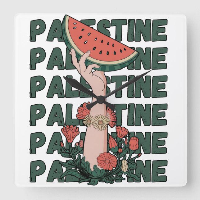 watermelon, flowers, and  palestine text Repeat  Square Wall Clock (Front)
