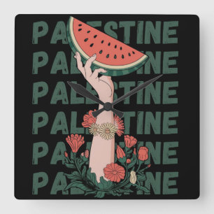 watermelon, flowers, and palestine text Repeat Square Wall Clock