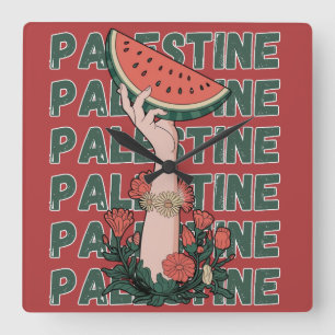 watermelon, flowers, and palestine text Repeat Square Wall Clock