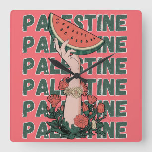 watermelon, flowers, and palestine text Repeat Square Wall Clock