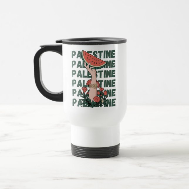 watermelon, flowers, and  palestine text Repeat  Travel Mug (Left)