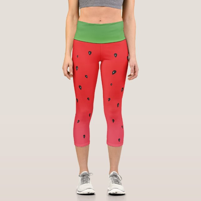 Watermelon fruit green and red shades with seeds capri leggings (Front)