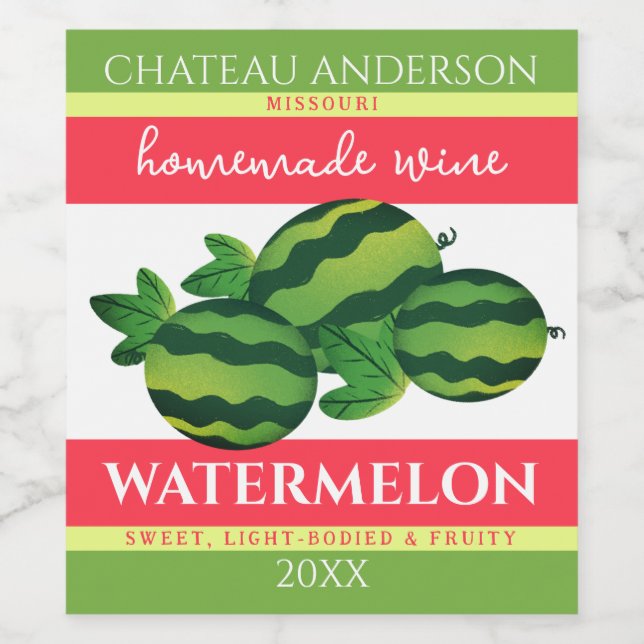 Watermelon fruit homemade wine personalised wine label (Single Label)