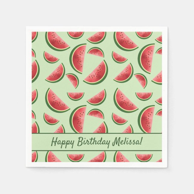 Watermelon Fruit Pattern On Green Happy Birthday Napkin (Front)